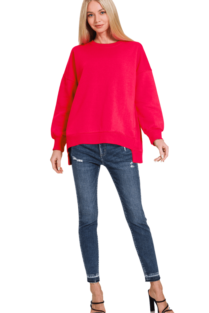 Zenana Fleece Hi-Low Boyfriend Sweatshirts with Pocket