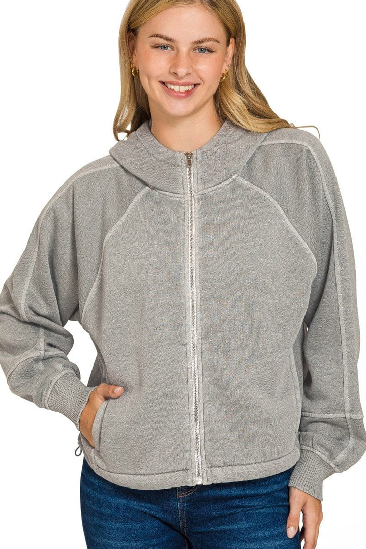 Zenana Fleece Pigment Dyed Zip Up Hoodie Jacket with Pockets