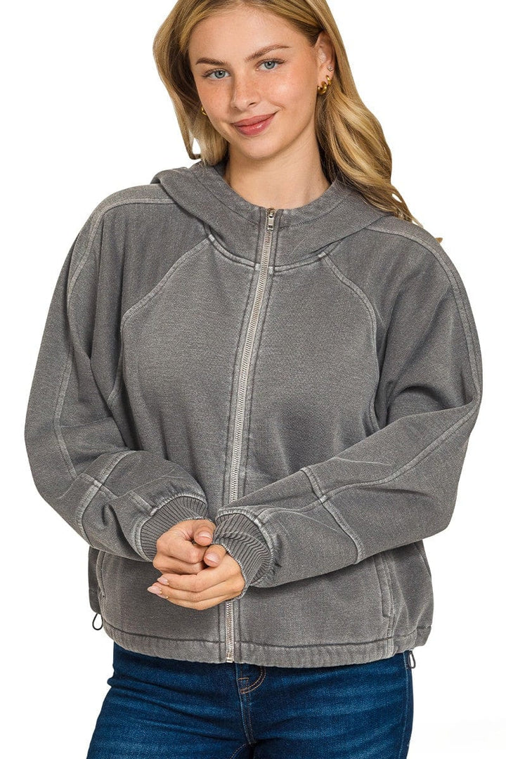 Zenana Fleece Pigment Dyed Zip Up Hoodie Jacket with Pockets