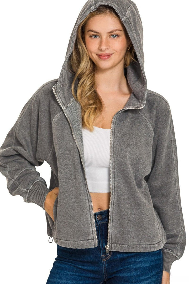 Zenana Fleece Pigment Dyed Zip Up Hoodie Jacket with Pockets