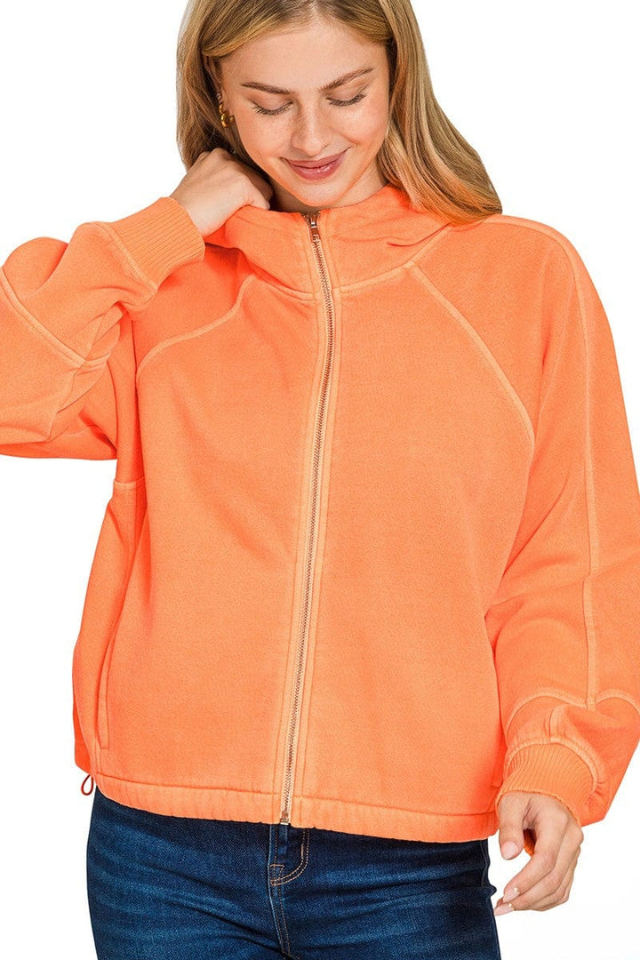 Zenana Fleece Pigment Dyed Zip Up Hoodie Jacket with Pockets