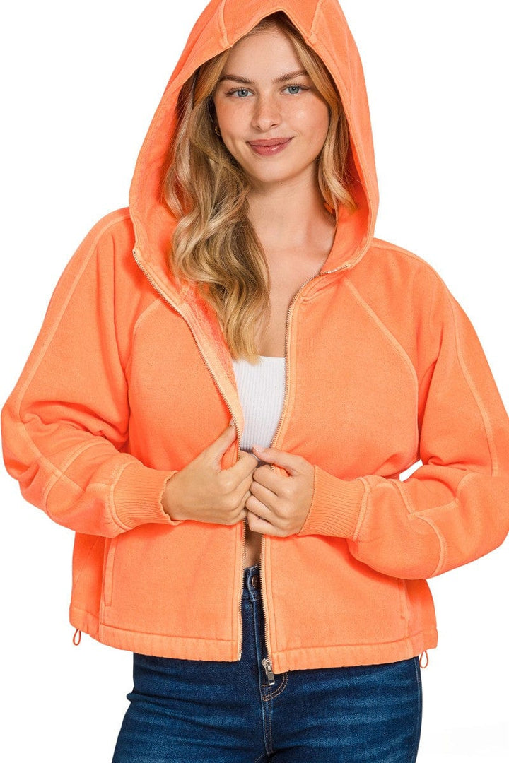 Zenana Fleece Pigment Dyed Zip Up Hoodie Jacket with Pockets