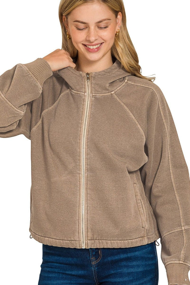 Zenana Fleece Pigment Dyed Zip Up Hoodie Jacket with Pockets