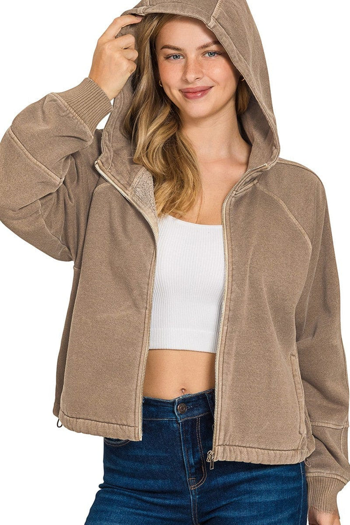 Zenana Fleece Pigment Dyed Zip Up Hoodie Jacket with Pockets