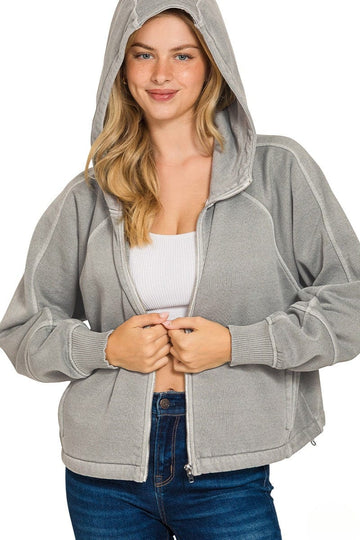 Zenana Fleece Pigment Dyed Zip Up Hoodie Jacket with Pockets