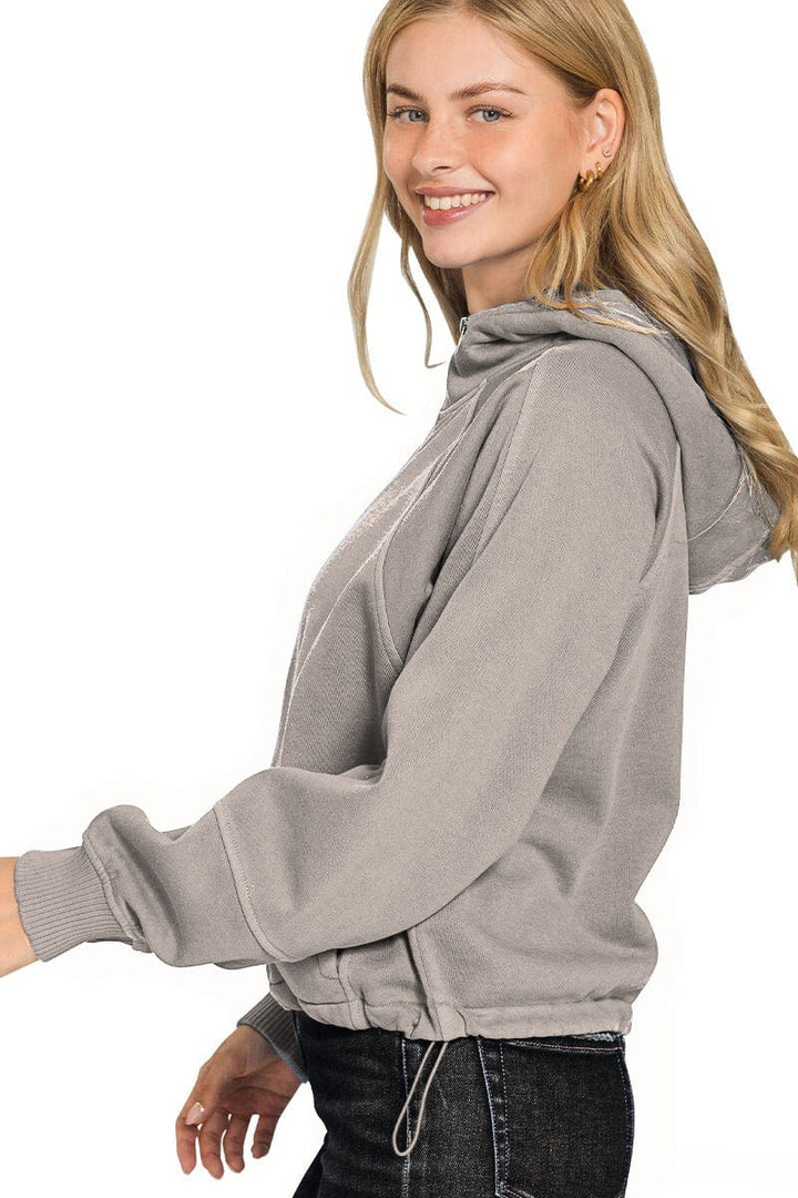 Zenana Fleece Pigment Dyed Zip Up Hoodie Jacket with Pockets