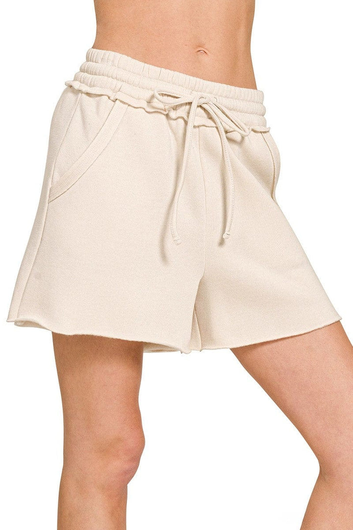 Zenana Fleece Raw Hem Shorts with Draw String Waist and Pockets