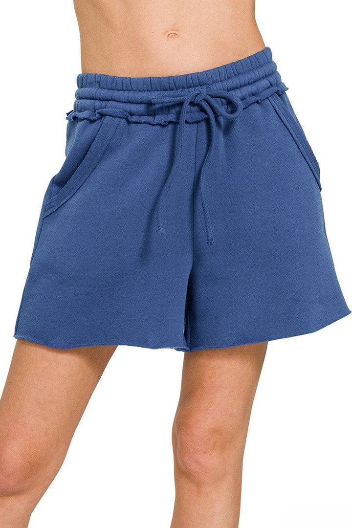 Zenana Fleece Raw Hem Shorts with Draw String Waist and Pockets