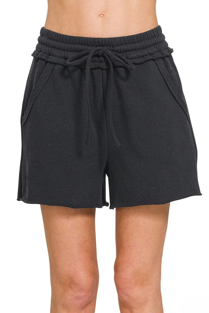 Zenana Fleece Raw Hem Shorts with Draw String Waist and Pockets