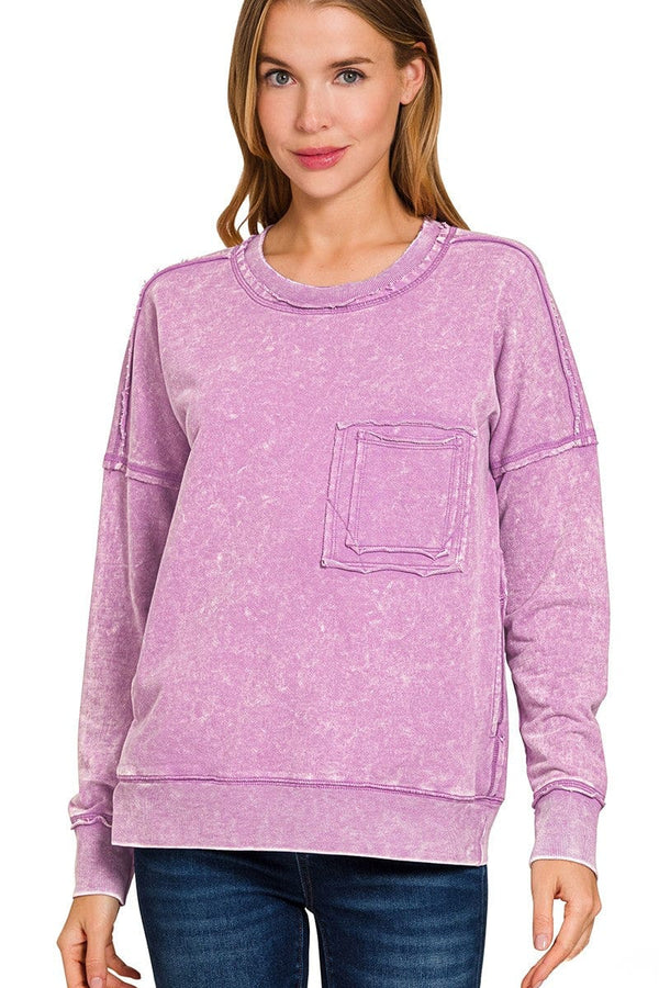 Zenana French Terry Acid Wash Front Pocket Pullover