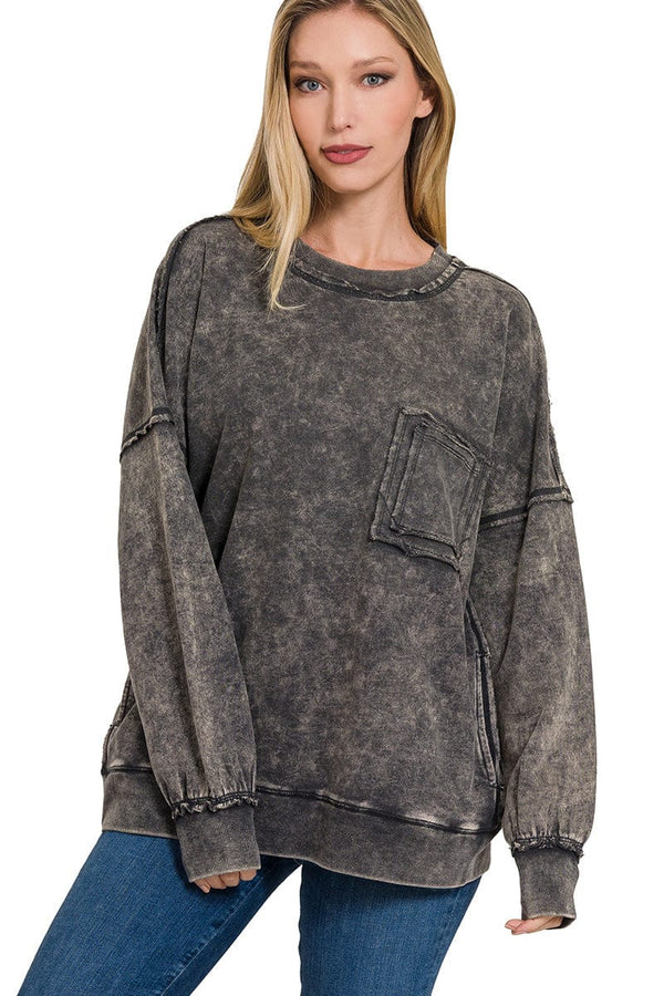 Zenana French Terry Acid Wash Raw Edge Front Pocket Pullover