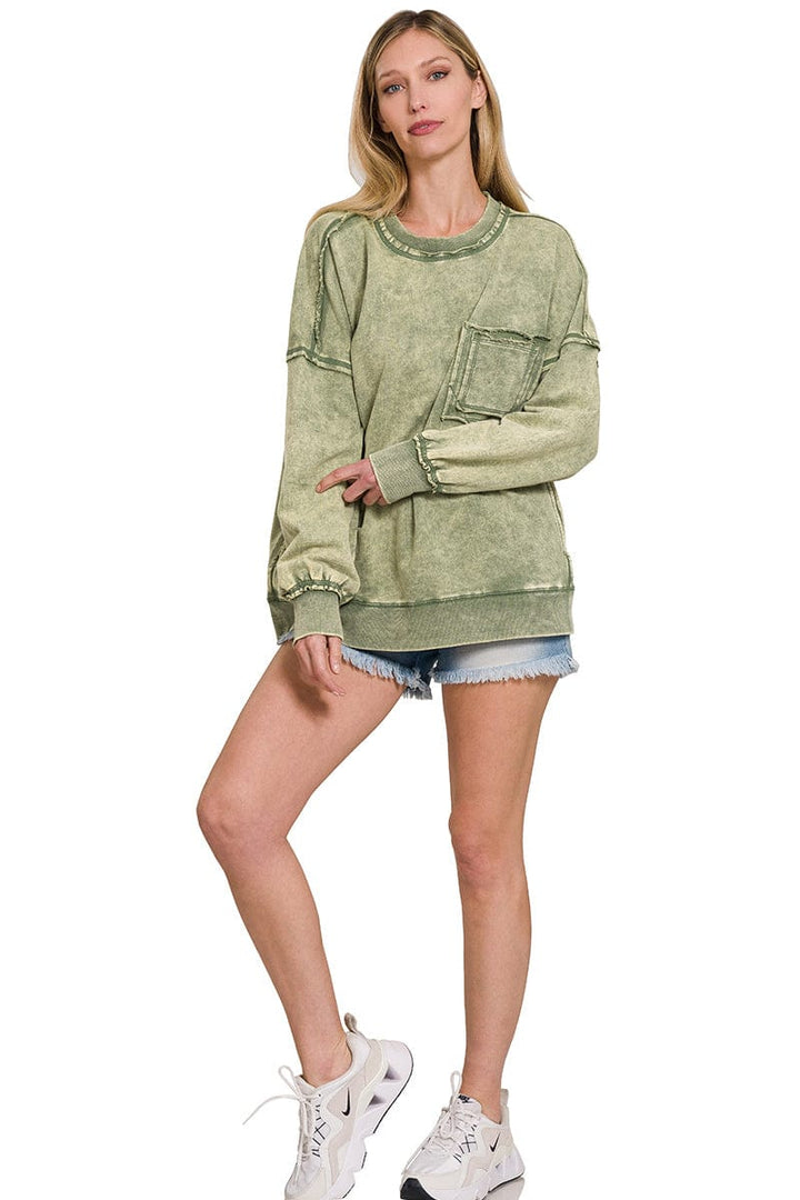 Zenana French Terry Acid Wash Raw Edge Front Pocket Pullover