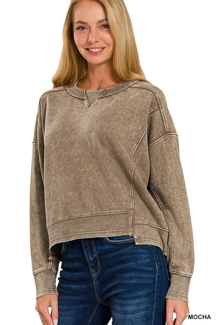 ZENANA FRENCH TERRY ACID WASH RAW EDGE FRONT POCKET PULLOVER