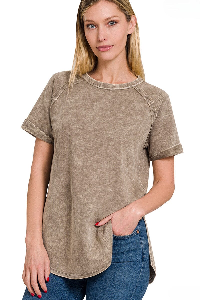 Zenana French Terry Acid Wash Short Cuff Sleeve Pullover