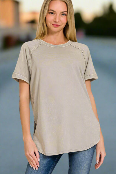 Mineral Washed See Through Butterfly Applique Short Sleeve