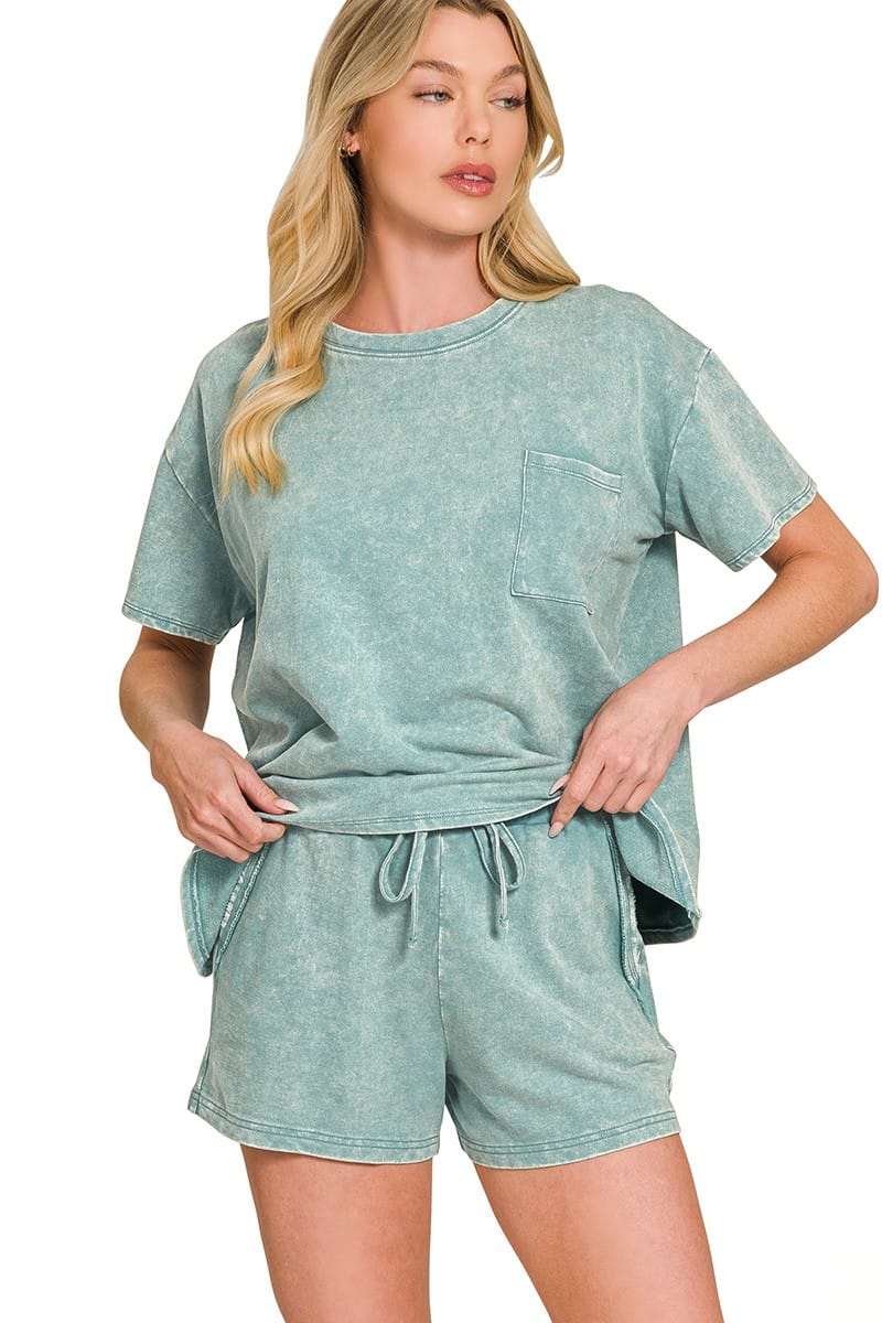 Zenana French Terry Acid Washed Front Pocket Top and Shorts Set