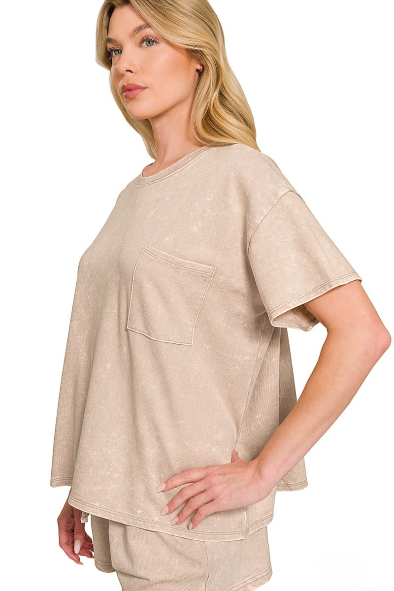 Zenana French Terry Acid Washed Front Pocket Top and Shorts Set