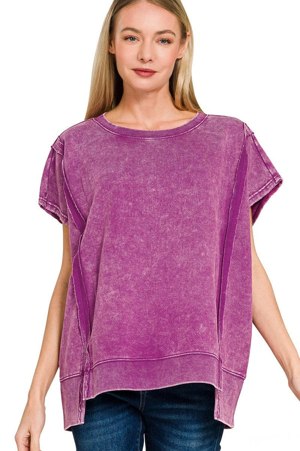 Zenana French Terry Acid Washed Hi-Low Short Sleeve Top