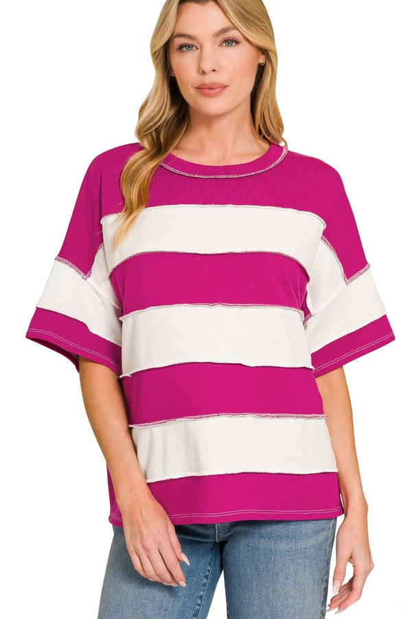 Zenana French Terry Striped Exposed Seam Top