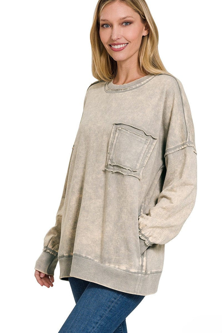 Zenana Front Pocket Acid Washed Raw Edge French Terry Pullover