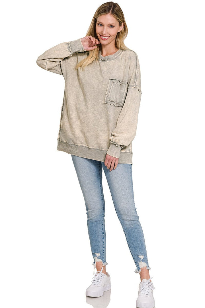 Zenana Front Pocket Acid Washed Raw Edge French Terry Pullover