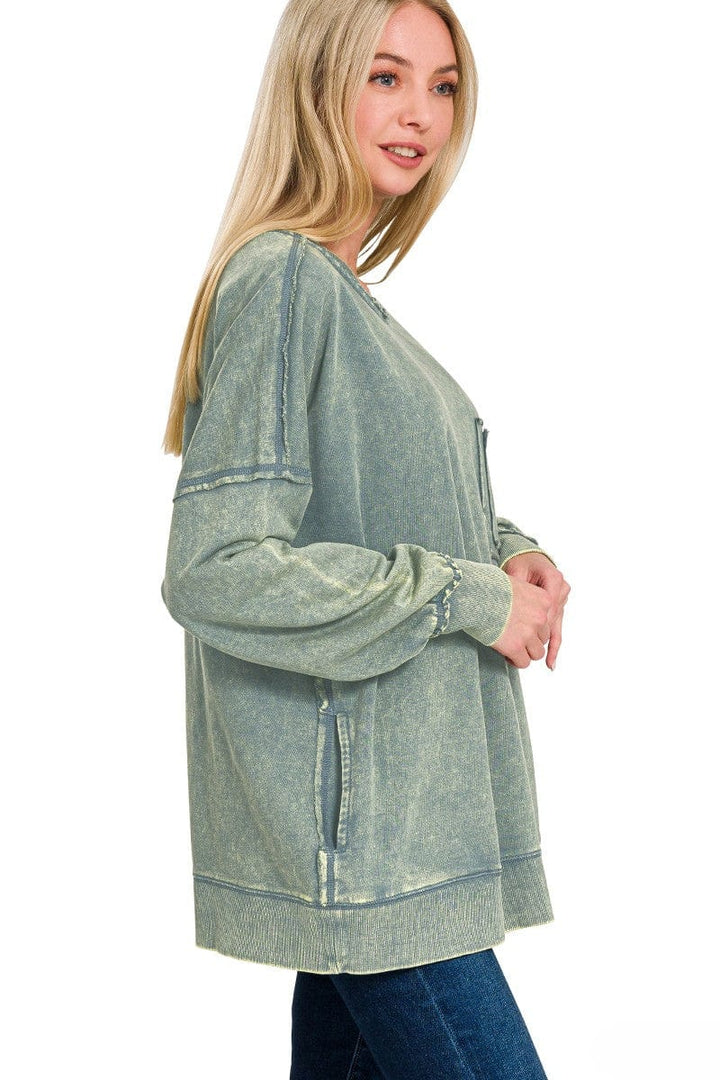 Zenana Front Pocket Acid Washed Raw Edge French Terry Pullover