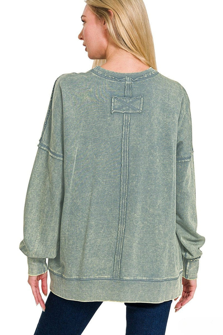 Zenana Front Pocket Acid Washed Raw Edge French Terry Pullover