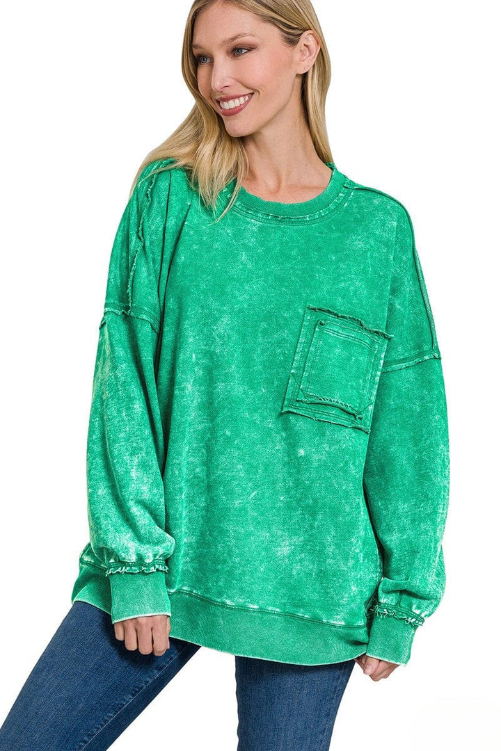 Zenana Front Pocket Acid Washed Raw Edge French Terry Pullover