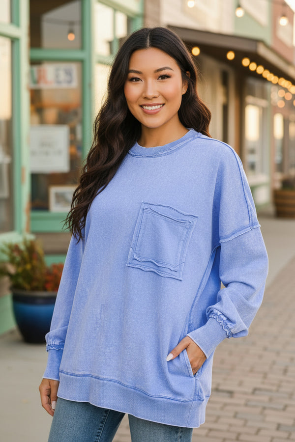 Zenana Front Pocket Acid Washed Raw Edge French Terry Pullover