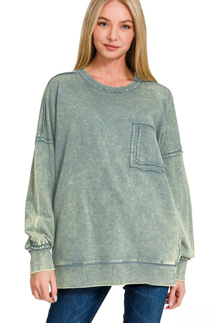 Zenana Front Pocket Acid Washed Raw Edge French Terry Pullover