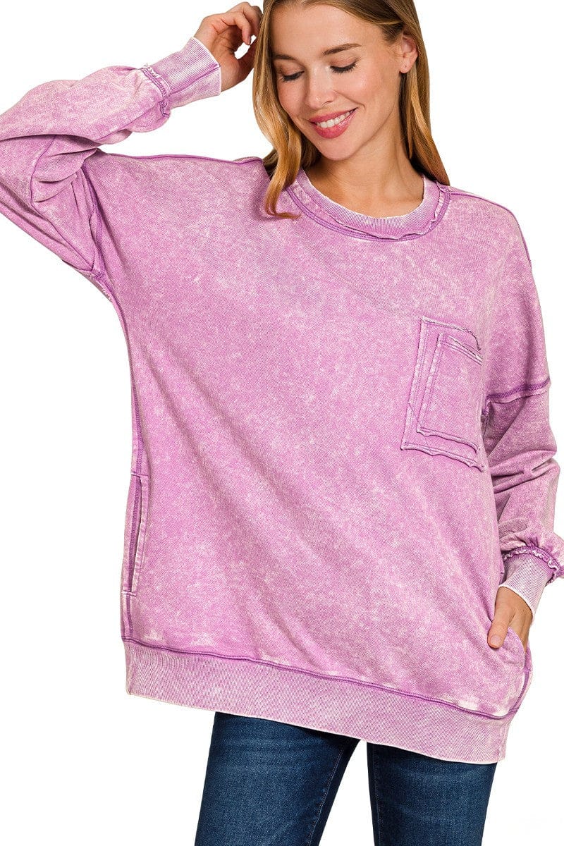 Zenana Front Pocket Acid Washed Raw Edge French Terry Pullover