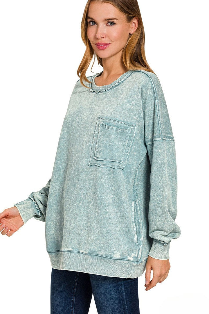 Zenana Front Pocket Acid Washed Raw Edge French Terry Pullover