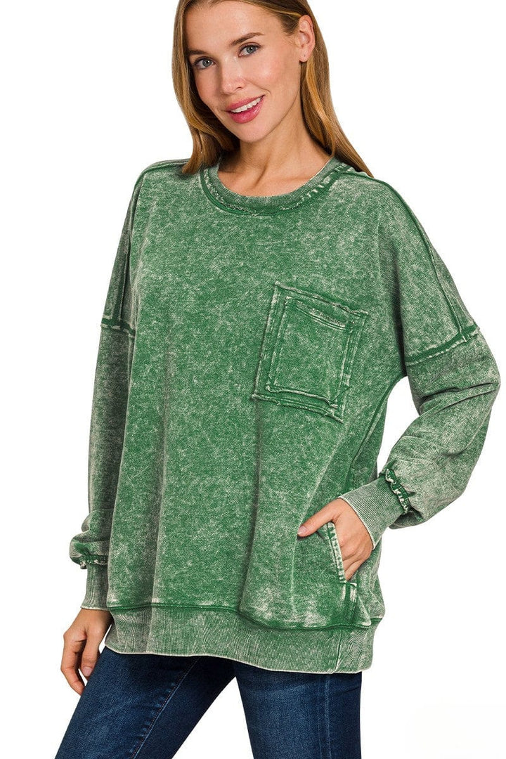 Zenana Front Pocket Acid Washed Raw Edge French Terry Pullover