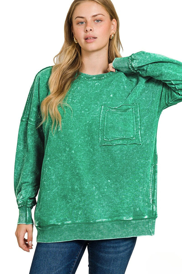 Zenana Front Pocket Acid Washed Raw Edge French Terry Pullover