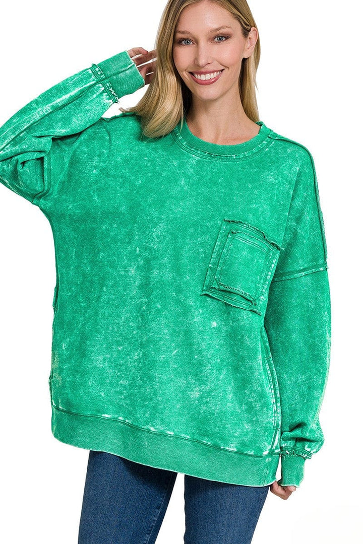 Zenana Front Pocket Acid Washed Raw Edge French Terry Pullover