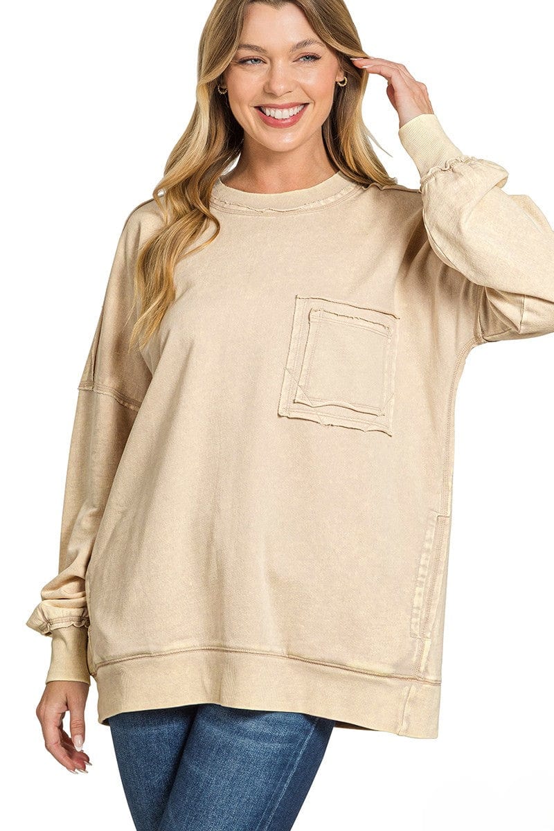 Zenana Front Pocket Acid Washed Raw Edge French Terry Pullover
