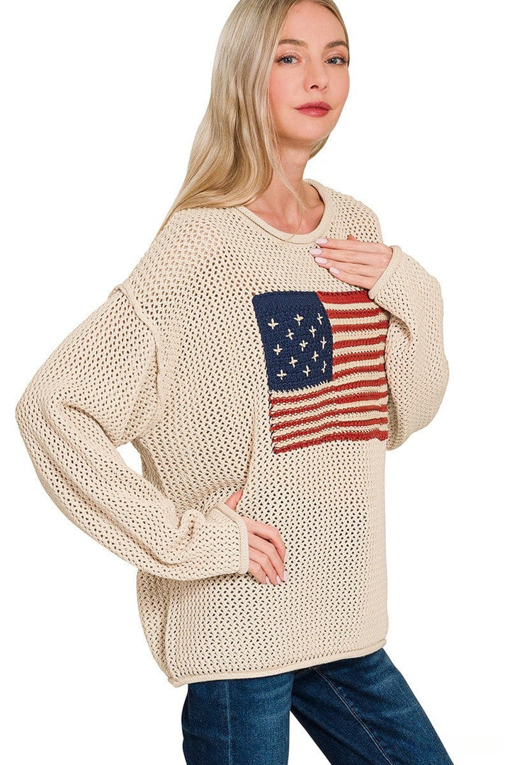 Zenana Full Length American Flag Crew Neck Sweater