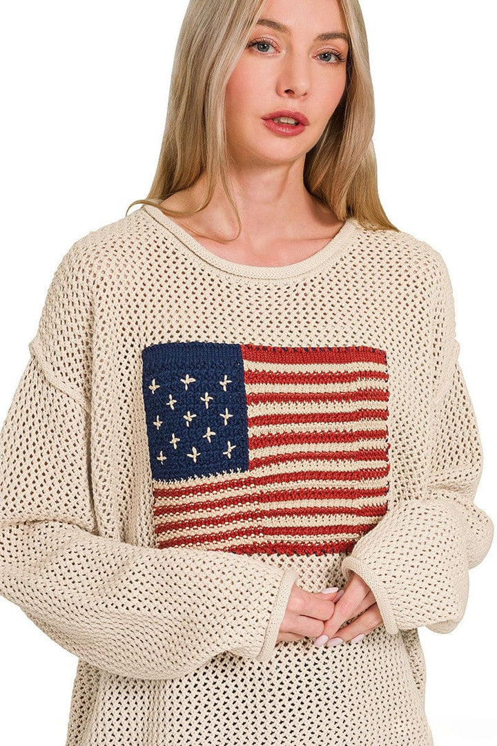 Zenana Full Length American Flag Crew Neck Sweater