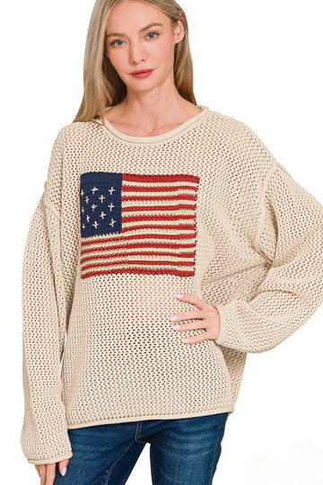 Zenana Full Length American Flag Crew Neck Sweater