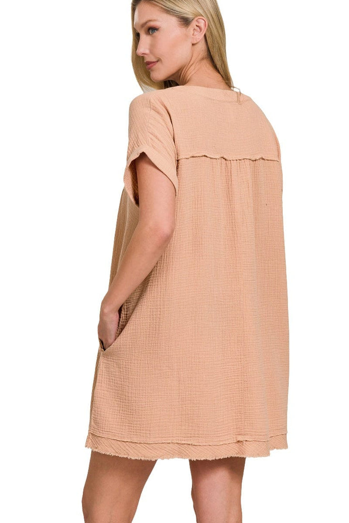 Zenana Gauze Rolled Short Sleeve Raw Edge Dress