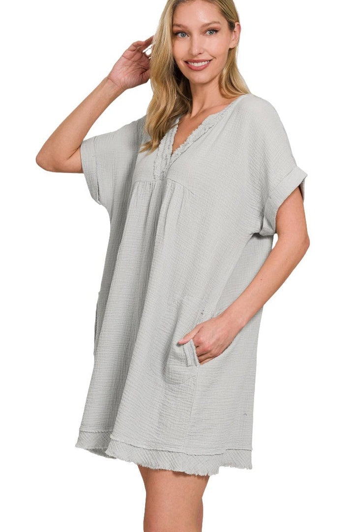 Zenana Gauze Rolled Short Sleeve Raw Edge Dress