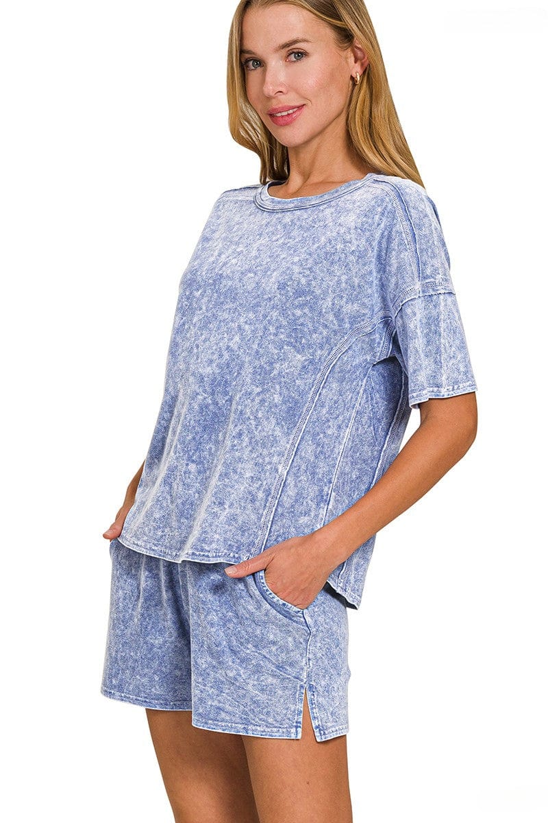 Zenana Halo Snow Washed Short Sleeve and Shorts Set