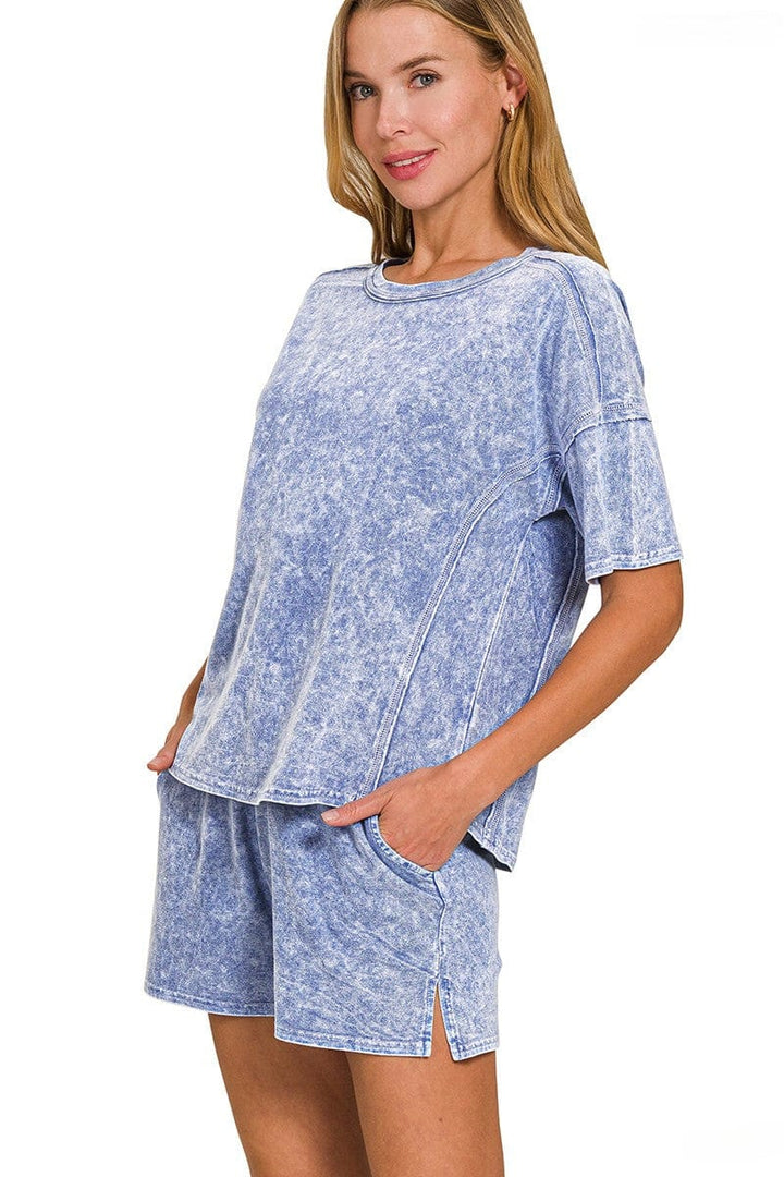Zenana Halo Snow Washed Short Sleeve and Shorts Set