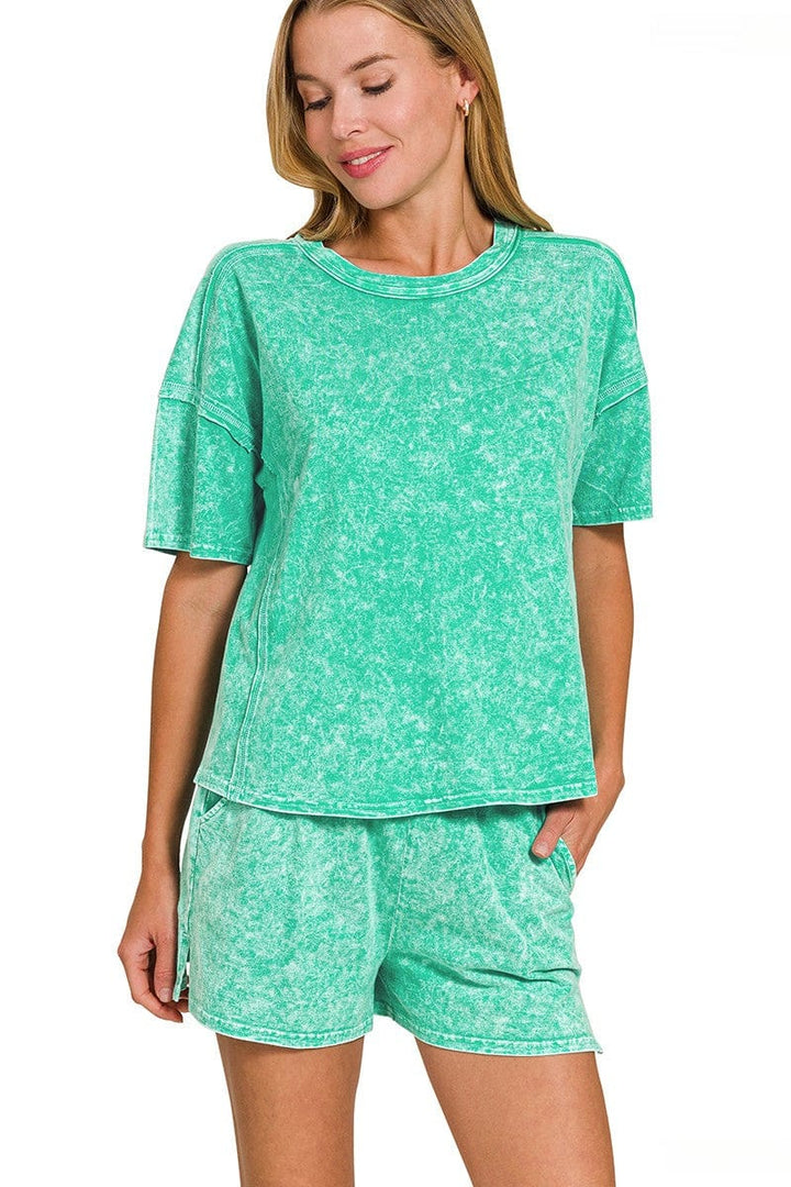 Zenana Halo Snow Washed Short Sleeve and Shorts Set