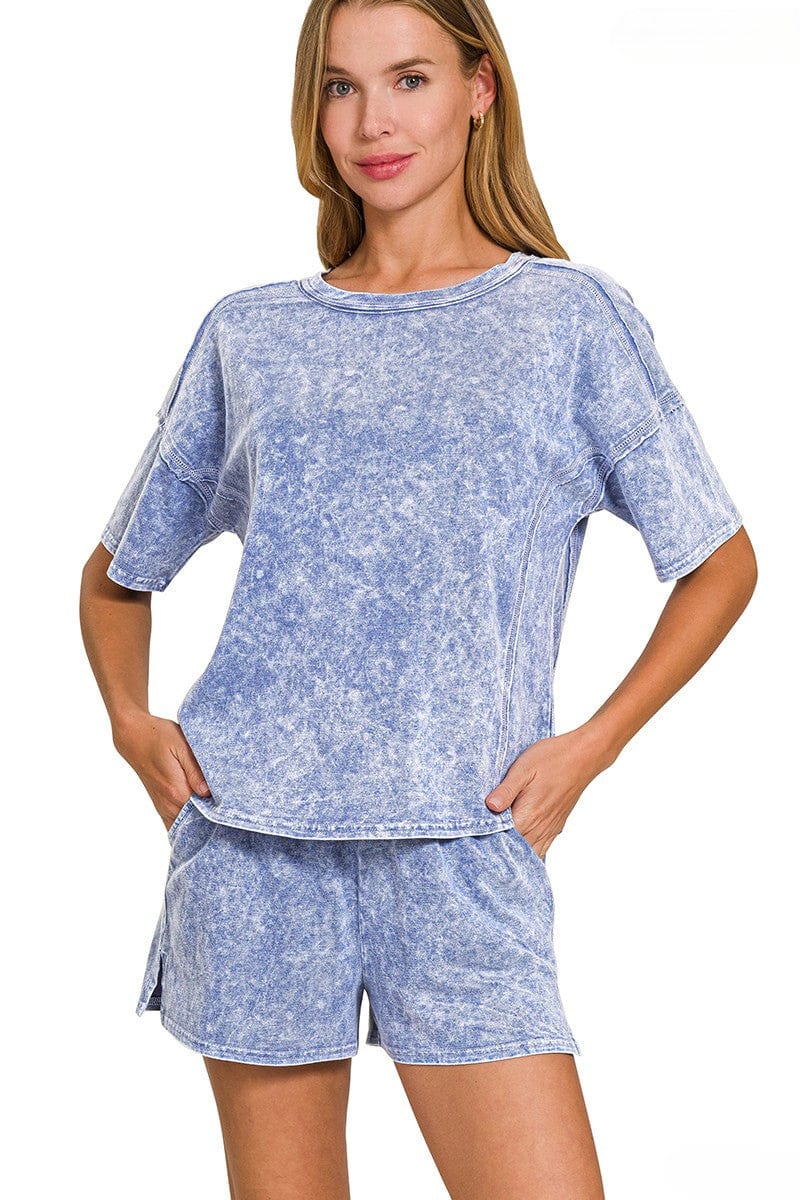 Zenana Halo Snow Washed Short Sleeve and Shorts Set