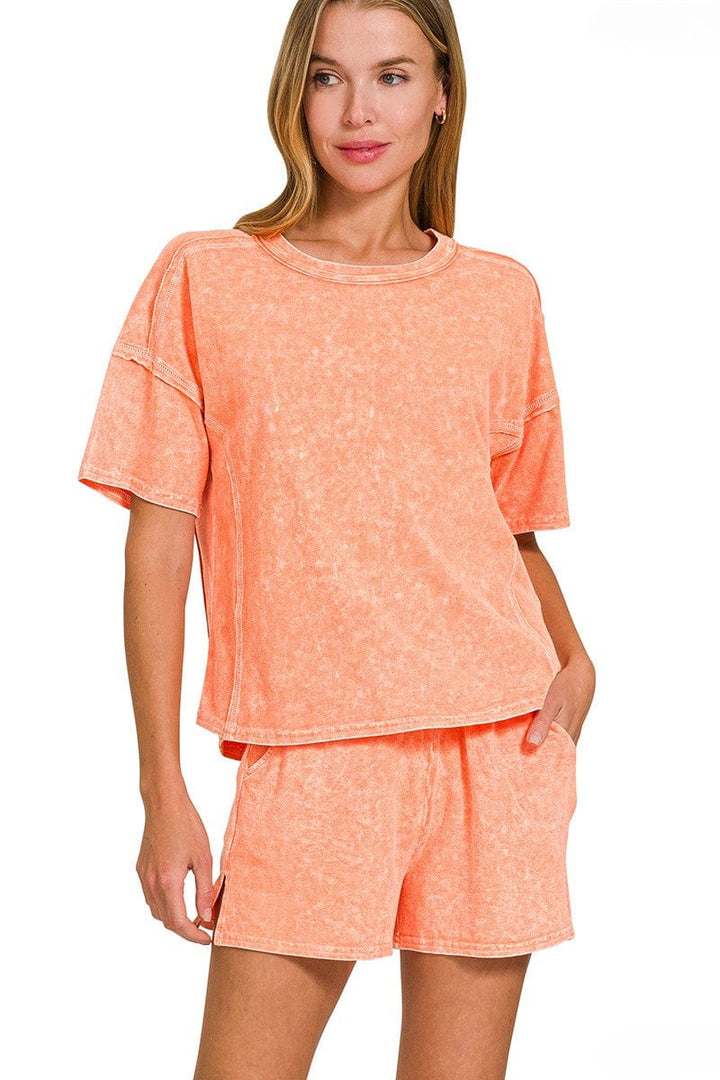 Zenana Halo Snow Washed Short Sleeve and Shorts Set