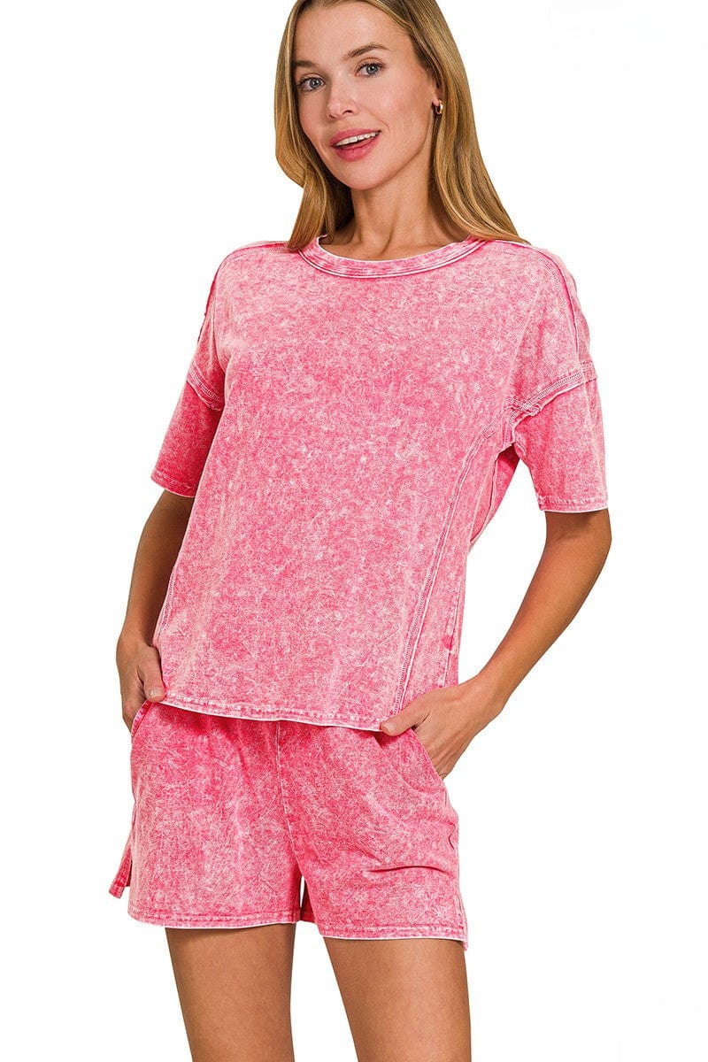 Zenana Halo Snow Washed Short Sleeve and Shorts Set
