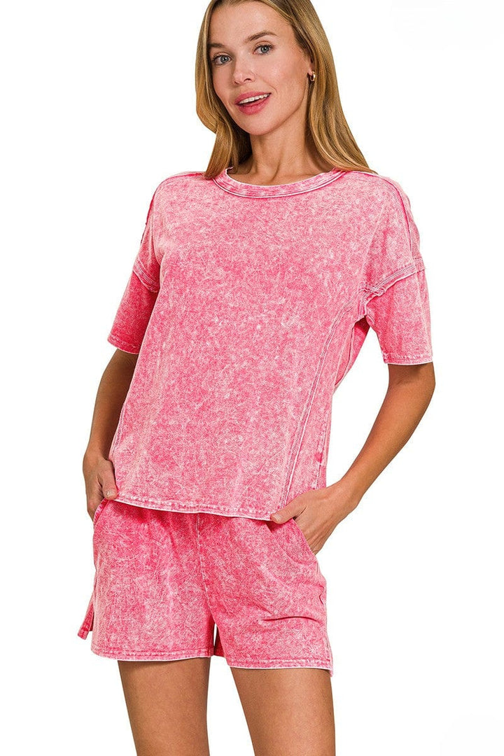 Zenana Halo Snow Washed Short Sleeve and Shorts Set