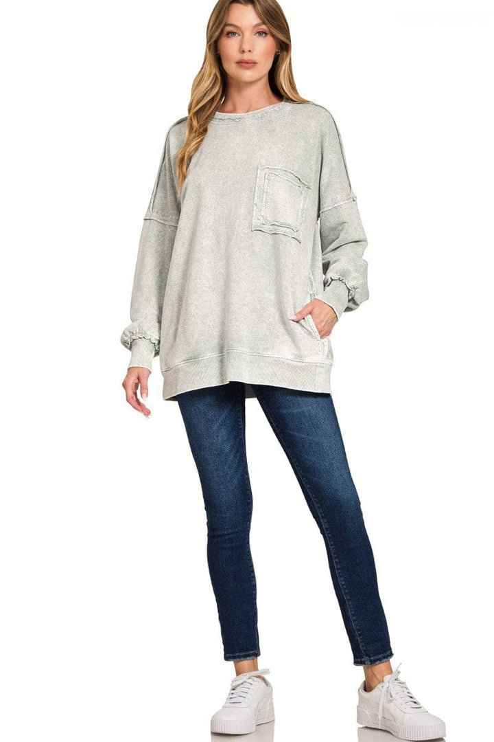 Zenana Halo Wash French Terry Front Pocket Sweatshirt
