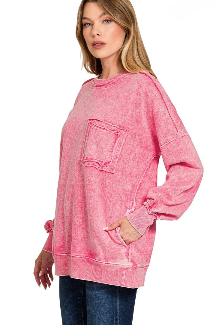 Zenana Halo Wash French Terry Front Pocket Sweatshirt